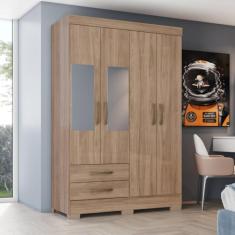 Guarda-roupa Solteiro 4 Portas 2 Gavetas com Espelho Jequitibá Brilho