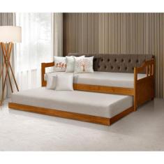 Bicama Dublin Estofado Capitonê Veludo Marrom Madeira Maciça com Cama Auxiliar 2 Colchões - Castanho