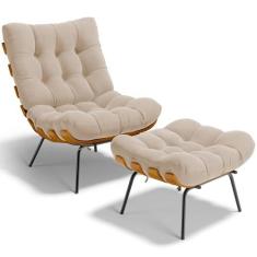 Poltrona Costela L02 com Puff Sala de Estar Suede Bege  - Lyam Decor