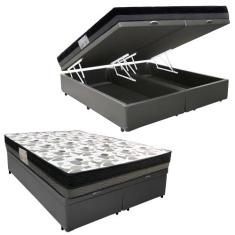 Cama Box Baú Casal Sintético Bipartido + Colchão Ortobom ISO Dupla Fac