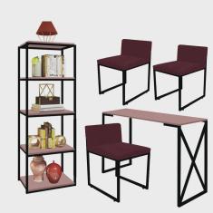 Kit Escritório Bex 3 Cadeiras Suede Bordô com 1 Mesa e 1 Livreiro Ferro Preto mdf Rose Rosa - Ahazzo Móveis