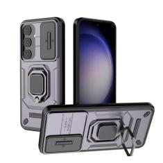 SORAKA Capa para Samsung Galaxy S24 com suporte para anel e tampa deslizante para câmera Capa Samsung Galaxy S24 com placa de metal para suporte magnético para carro Capa de camada dupla em PC e TPU