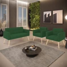 Kit 1 Sofá Namoradeira e 2 Poltronas Elisa Veludo Pés Palito Natural D