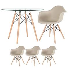 Loft7, Mesa redonda Eames com tampo de vidro 100 cm + 3 cadeiras Eiffel Daw nude