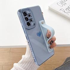 Estojo de coração de amor lateral de revestimento de luxo para Samsung Galaxy S23 S22 Ultra S20 FE S21 Plus A52 A53 A23 A14 A12 A13 Capa de alça de pulso, Azul Serra, para Samsung S23