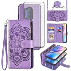 Asuwish Capa de celular para OnePlus 8 Pro One Plus 8Pro 5G com zíper carteira destacável com protetor de tela de vidro temperado, alça mandala, porta-cartões em 1 Plus 1 + Plus8 1+ mulheres meninas