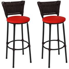 Kit 2 Banquetas Médias Preta com Encosto Junco Argila Assento Vermelho