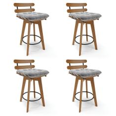 Kit 04 Banquetas Giratória Costela Suede Base Madeira Cinza