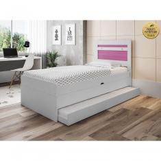 Cama Baú Solteiro Larissa Com Auxiliar Mdf 0,88x1,88m Branco Rosa Framar