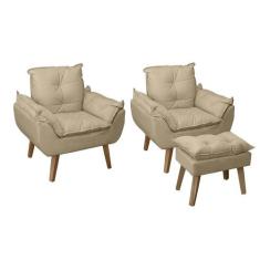 Kit 02 Poltrona Decorativa com Puff Glamour Opala Confortável Com Pés 