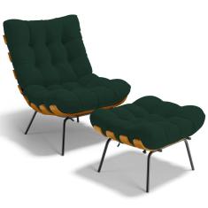 Poltrona Costela L02 Com Puff Sala De Estar Suede Verde Musgo Lyam Decor