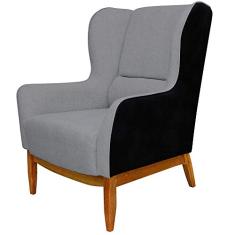 Poltrona Decorativa Fixa Base de Madeira Milena D02 Linho Cinza C-416 Corano Preto - Lyam Decor