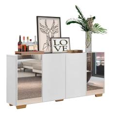 Aparador Buffet C/ Espelho e Pés Quadrados Branco/Natural