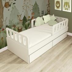 Cama Solteiro Mdf Branco com 02 Gavetas Grades e Cabeceira Anatômica Mobilistore