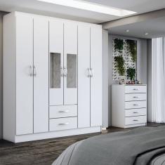 Guarda-Roupa Casal Henry 6 Portas 2 Gavetas e Espelho com Cômoda 5 Gavetas Branco - Panorama Móveis