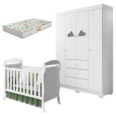 Berço Americano Danny e Guarda Roupa Infantil Ane Branco Brilho com Co
