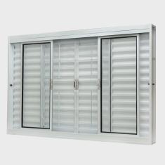 Janela de Aço Veneziana Central 100x120cm 6 Folhas com Grade Quadriculada e Vidro Liso Qualitysol