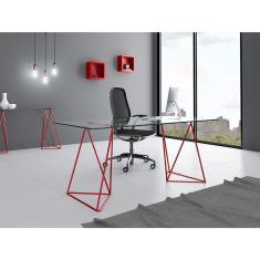 Escrivaninha De Vidro Bela Vista Cavalete Base Ferro Vermelho - Preto