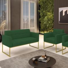 Kit 1 Sofá Namoradeira e 1 Poltrona Elisa Veludo Verde Base Metálica I
