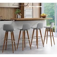Kit 4 Banquetas Altas Luxo Versatil Aço Champanhe Assento Linho Cinza Preto Carvalho Unidecor