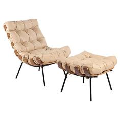 Poltrona e Puff Decorativos Sala de Estar Costela Couro Bege - Gran Belo