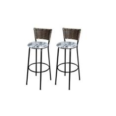 Jogo 2 Banqueta Alta Para Cozinha Ratan Cappuccino Preta Estofado Flor