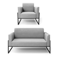 Sofá Namoradeira Com Poltrona Base Industrial Alta Preto Marisa Suede Cinza D03 - D\'rossi