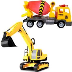 Carrinho Escavadeira com Caminhão Betoneira Brinquedo de Fricção - Fut