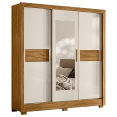 Guarda Roupa Casal Doha 3 Portas de Correr 2 Gavetas MDP com Espelho Freijó-Off White Moval