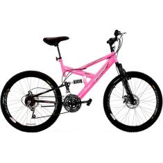 Bicicleta Aro 26 MTB 18V Full Suspention Duplo Freio a Disco Max 260 Pink
