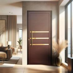 Porta de Aluminio Lambril 210x100cm Frisada com Puxador Super Brimak Marrom Corten Dourado