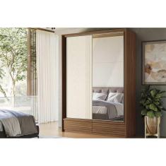 Guarda Roupa Solteiro 2 Portas de Correr e 4 Gavetas c/ Espelho Democrata jatoba/Areia - Santos Andirá