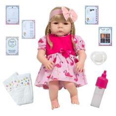 Boneca Tipo Reborn Loira Cabelo Comprido Pode Molhar + Itens - Cegonha