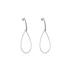 Brinco Grande De Fio E Gota Vazada Folheado Em Ródio Branco