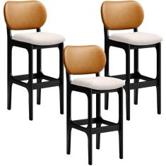 Kit 3 Banquetas Alta Bar Cozinha Jantar Betta L02 Preto Couríssimo Whisky Linho Cru - Lyam Decor