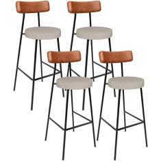 Kit 04 Banquetas Alta Bar Cozinha Sala De Jantar Milão L02 Couríssimo Camel Linho Bege - Lyam Decor