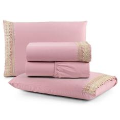 Jogo De Lençol Rubi Casal 4 Pçs 100% Algodão 200 Fios Ponto Palito Bordado - Rosê