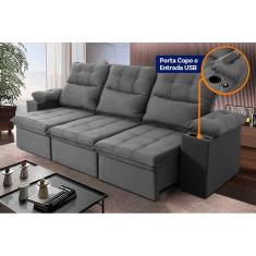 Sofá Retrátil Reclinável Verona USB + Porta Copo 2,30m Suede Velut Cinza c/ Molas no Assento - King House