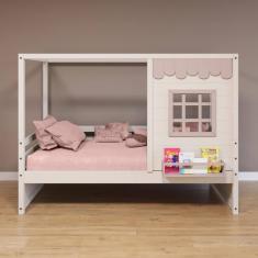 Cama Casinha Reta Madeira Maciça Branco/ Rosa Housin