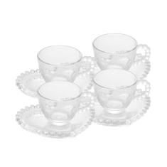 Wolff Coração Pearl Conjunto de Xícaras para Café com Pires de Cristal 4 Peças, Transparente, 85 ml