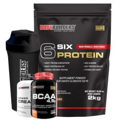 Kit Six Protein Chocolate 2kg + BCAA 4,5g 100g + Power Creatina 100g + Coqueteleira – Bodybuilders