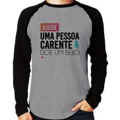 Camiseta Raglan Doe um beijo Manga Longa - Foca na Moda, Cinza, Preto,