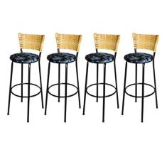 Jogo 4 Banqueta Alta Para Cozinha Ratan Palha Preta Estofado Floral - 