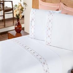 Jogo De Cama Queen 200 Fios Damasco Branco E Salmão 4pçs