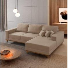 Sofá Fixo Com Chaise 2,5M Cronos Linho Com Molas Lado Direito Meu Sofá