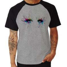 Camiseta Raglan Olhos Cores Pintura - Foca na Moda, Cinza, Preto, G