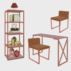 Kit Escritório Bex 2 Cadeiras Suede Terracota com 1 Mesa e 1 Livreiro Ferro Bronze mdf Rose Rosa - Ahazzo Móveis