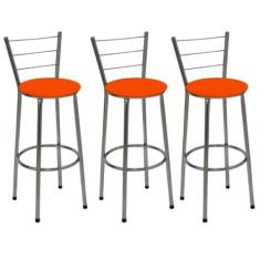 Kit 3 Banquetas Altas Cromada com Encosto Assento Laranja - Fortmix