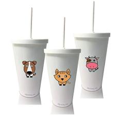 Kit 3 Copos com Tampa e Canudo Personalizados Animais Para Dia das Crianças