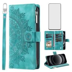 Capa de celular para Xiaomi 14 Ultra 5G com protetor de tela de vidro temperado alça de pulso mandala flor de couro flip zíper suporte para cartão de crédito suporte celular Mi 14Ultra feminino